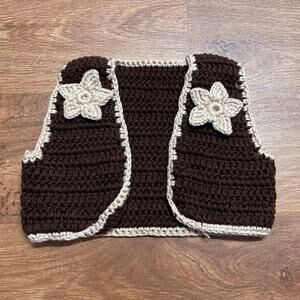 Vintage Brown Cream Floral Crocheted Vest 70s Hippie Baby Girls Size 12M Months